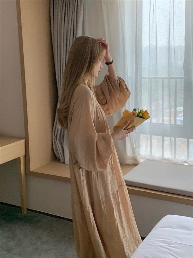 大人ワンピース ロング ふんわり袖のティアードワンピース