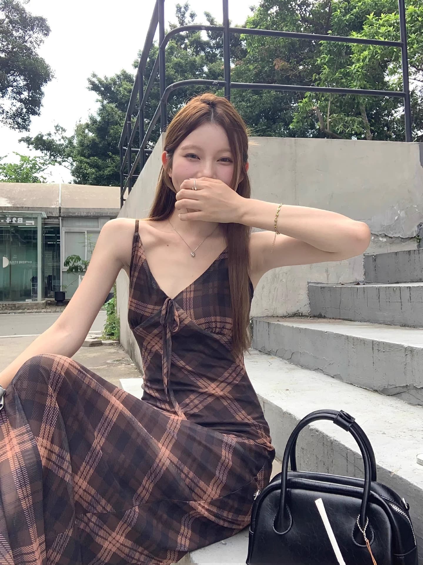 大人ワンピース ロング 格子柄キャミソールロングワンピース