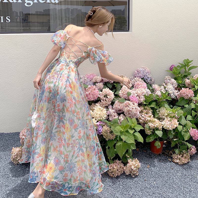 大人ワンピース ロング 花柄シアーギャザーワンピース